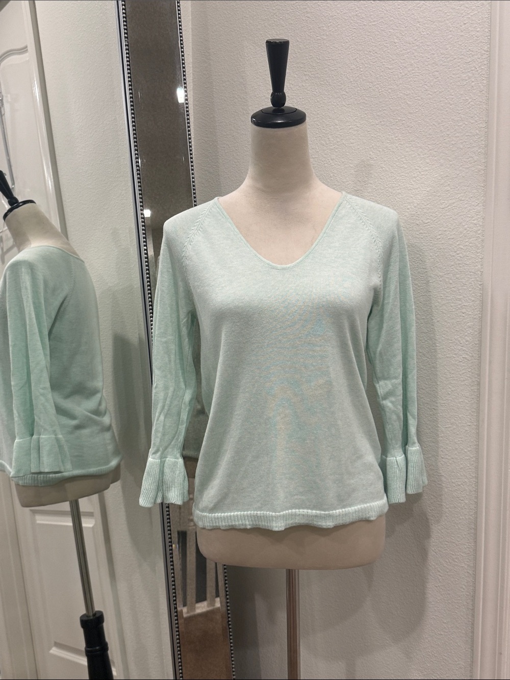 Lilla P Pale Mint V-Neck Sweater with Flared Cuffs